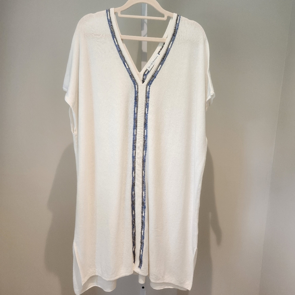 White + Warren White Cream Embroidered Tunic Sweater Dress S Cotton Linen V-neck